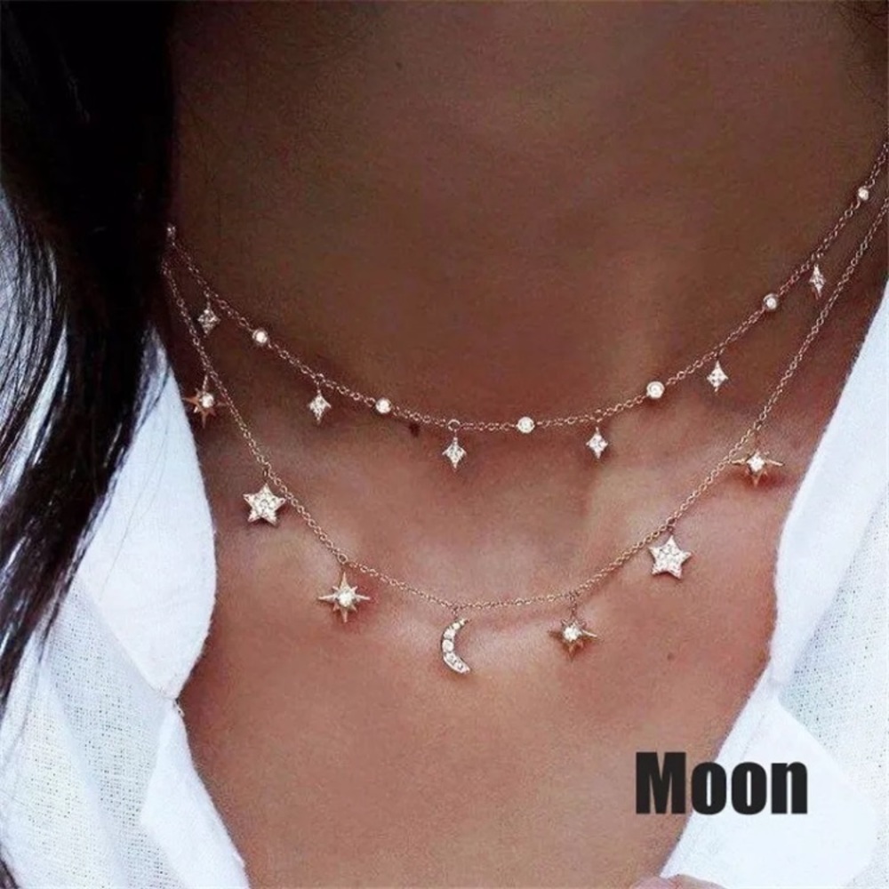 18k Gold Filled CZ Moon Star Multilayer Necklace - Picture 1 of 2